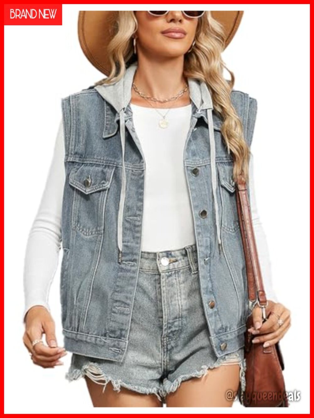 Oversized Denim Vest Sleeveless Removable Hood Button Down Loose Fit Jean